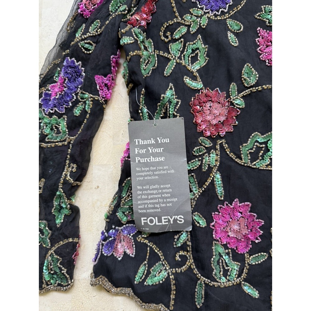 Vtg Laurence Kazar Silk Floral Beaded Short Sleeve Black Top Plus Womens 2X - Picture 8 of 10